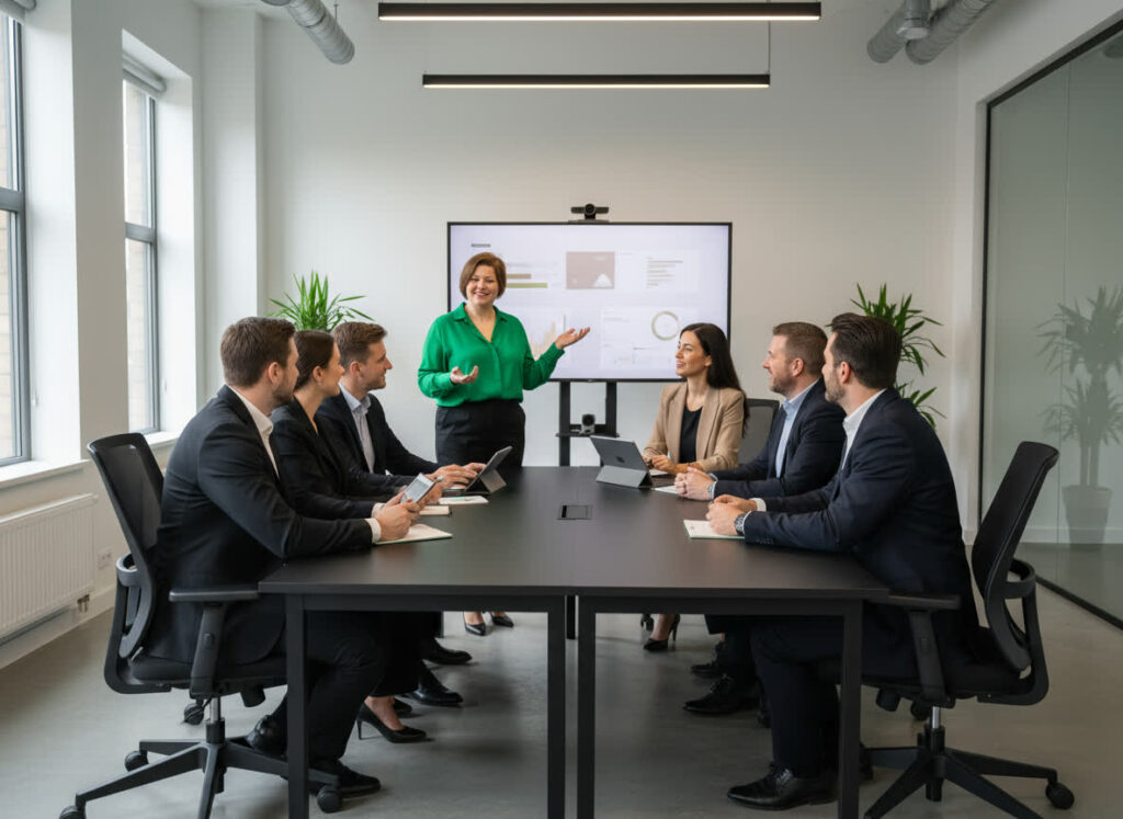 gemini 2.5 flash image preview a professional modern image showing a confident woman in a green blouse 00ff4c l 1