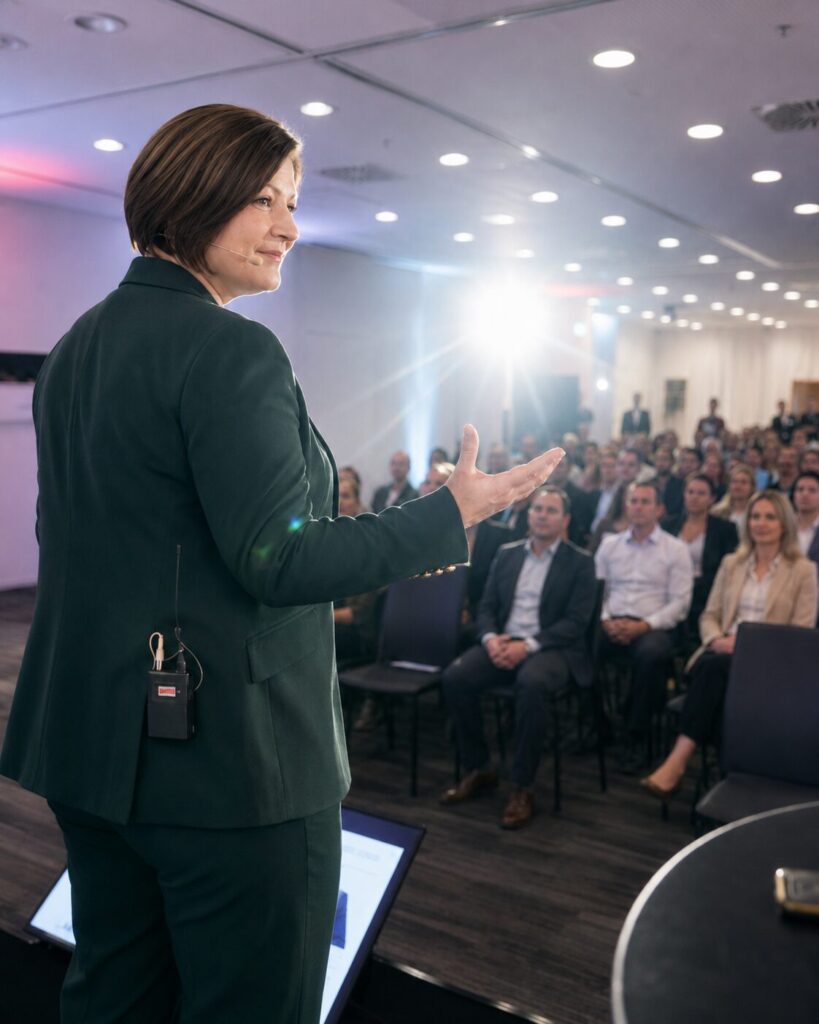 Lina Peinze als Speakerin Lina Peinze als Rednerin auf der Bühne bei einem Unternehmensvortrag